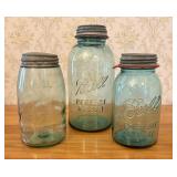 Three Ball Aquamarine Glass Mason Jars with Zinc L