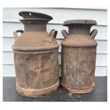 Two Antique Industrial Steel Dairy Milk Cans with