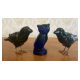 A Trio of Avian Figurines Including a Cobalt Blue