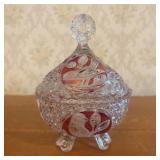 Three Footed Cut Glass Candy Dish With Bird Medall