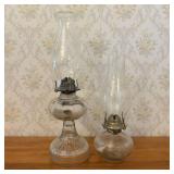Two Antique Clear Glass Kerosene Oil Lamps