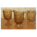 Three Piece Amber Pressed Glass Creamer Spooner an