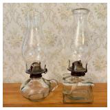 Two Antique Clear Glass Kerosene Oil Lamps