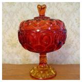 Large Amberina Moon and Star Glass Lidded Pedestal