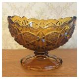 Large Amber Pressed Glass Pedestal Bowl with Star