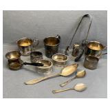 Neat Silver Plate Items, Salts, Tongs, Cups, Etc