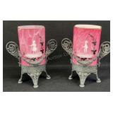 Rare Mary Gregory Vases-Ornate Silver Plate Frames