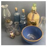 Wicker covered bottle, milk bottles, cracked