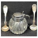 Cut Glass Mustard Jar w/ Sterling Scoops