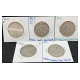 5x 1946-47 Walking Liberty Silver Half Dollars
