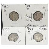 4 Mercury Silver Dimes
