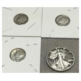 Cut of Silver Half, Three Silver Dimes