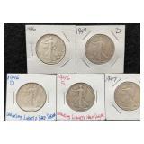 5x 1946 & 1947 Walking Liberty Silver Half
