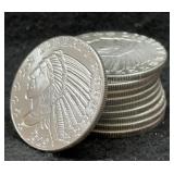 10x Indian Head 1 Troy Oz Silver Rounds