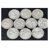 10x Walking Liberty Silver Half Dollars