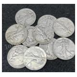 10x Walking Liberty Silver Half Dollars