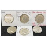 6x 1964 Kennedy Silver Half Dollars