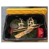 Tote With Christmas Decor, Stocking Hangers and