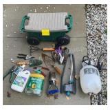 Garden Cart Seat, Pruners, Sprayer, Etc