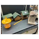 Fruit crate with bird feeders and house