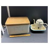 Vintage bread box and enamelware