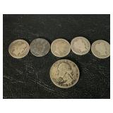 5 Barber silver dimes and a silver quarter