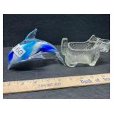 Art glass dolphin and glass dog