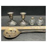 Weighted sterling candle stands and plated spoons