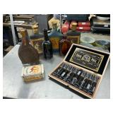 Bottles and cigar box