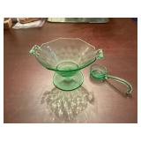 Green glass bowl and dipper