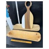 2 dough bowls and cutting board and silver plate