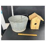 Galvanized bucket and bird house