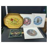 Metal tray, prints,and stained glass