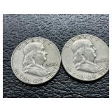 2 Franklin silver half dollars