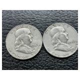 2 Franklin silver half dollars
