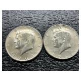 2 Kennedy silver half dollars