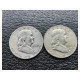 2 Franklin silver half dollars