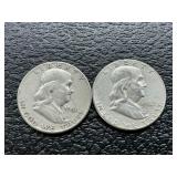 2 Franklin silver half dollars