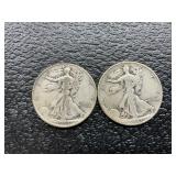 2 walking Liberty half dollars