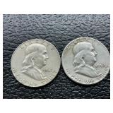 2 Franklin silver half dollars