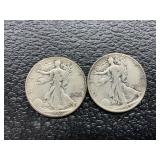 2 walking Liberty half dollars