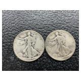 2 walking Liberty half dollars