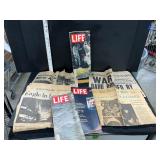 Vintage newspapers and Life magazines