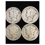 4 silver mercury dimes