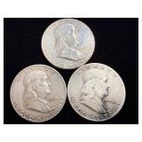 3 silver Franklin half dollars