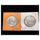 2 Franklin silver half dollars