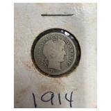 1914 D silver barber dime