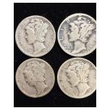 4 silver mercury dimes