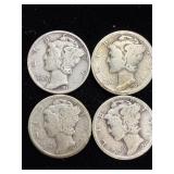 4 silver mercury dimes