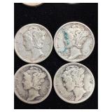 4 silver mercury dimes